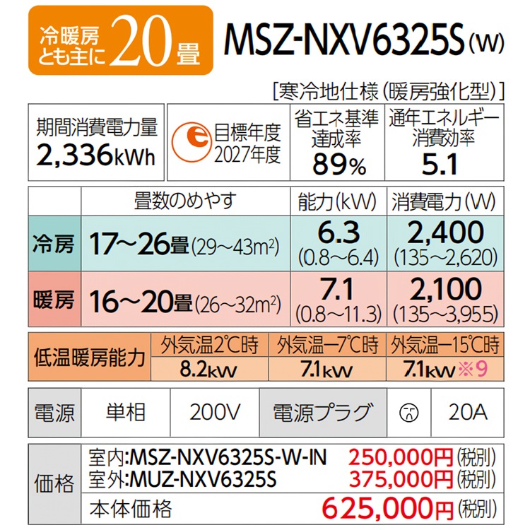 エアコン 主に20畳用 三菱電機 ズバ暖霧ヶ峰 NXVシリーズ 2025年モデル