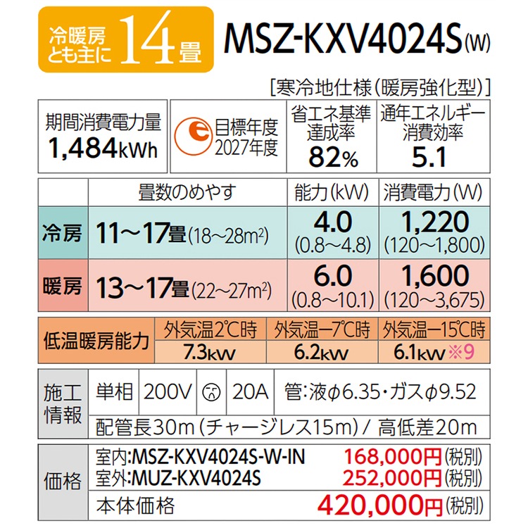 エアコン 主に14畳 三菱電機 ズバ暖霧ヶ峰 2024年モデル KXVシリーズ