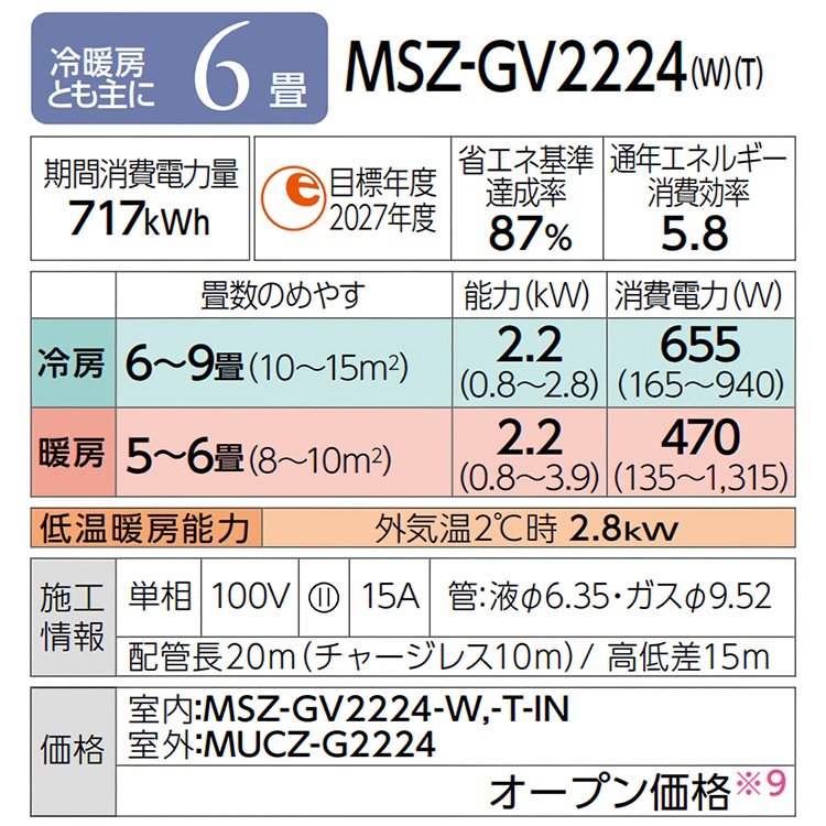 霧ヶ峰 エアコン おもに6畳 三菱電機 GVシリーズ 2024年モデル