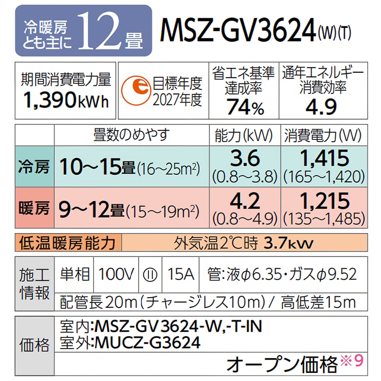エアコン おもに12畳 三菱電機 霧ヶ峰 GVシリーズ 2024年モデル STRONG