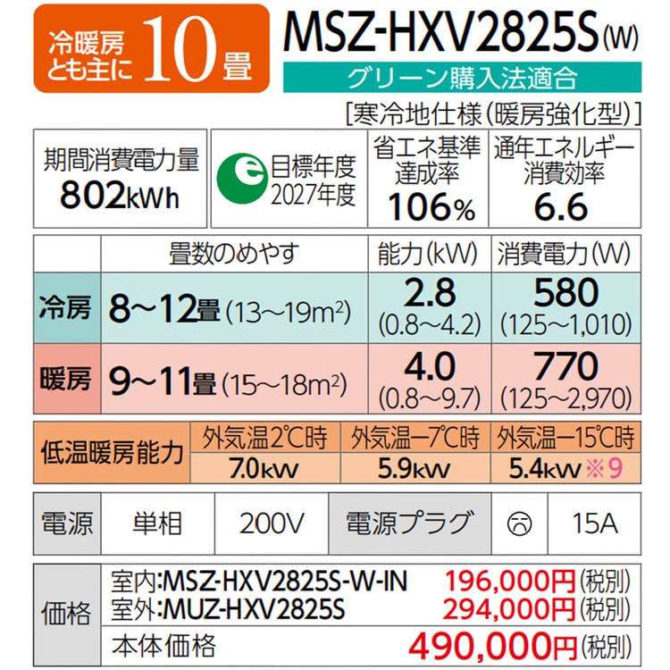 ちか　送料分として エアコン 主に10畳用 三菱電機 ズバ暖霧ヶ峰 HXVシリーズ 2025年モデル