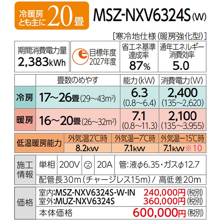 エアコン 主に20畳 三菱電機 ズバ暖霧ヶ峰 2024年モデル NXVシリーズ