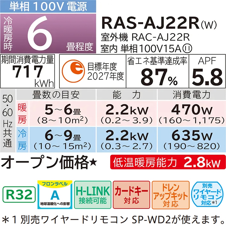 ɸչ  6 Ω 򤯤ޤ AJ꡼ 2024ǯ  ѥ ꡼ ñ100V RAS-AJ22R-W-SET