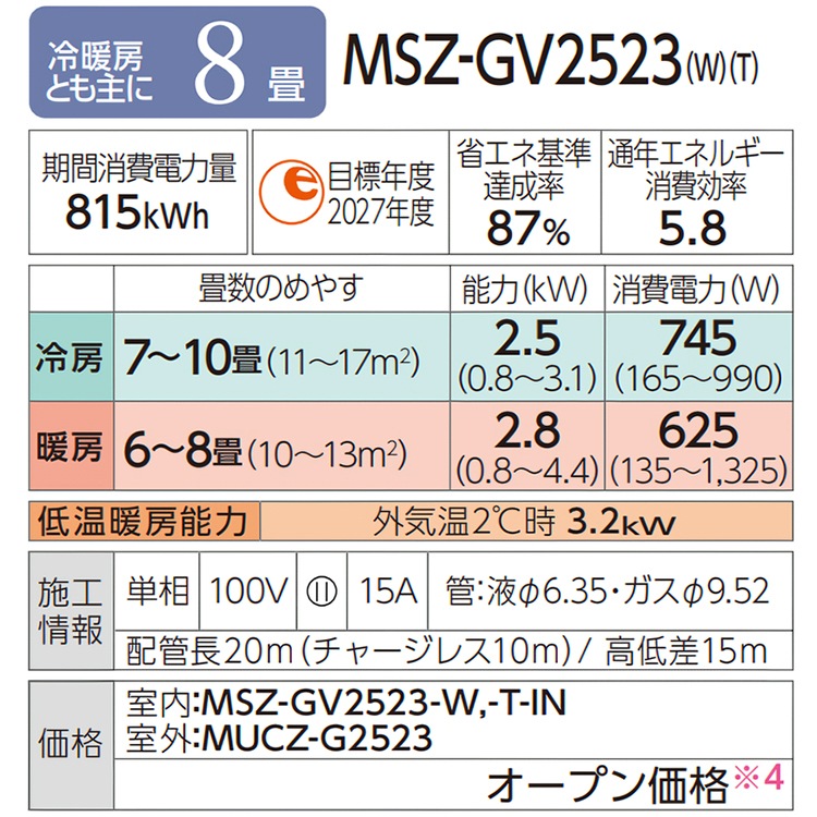 三菱電機 エアコン本体 冷暖房機能 ホワイト2023年29畳8／10以降お渡し MSZ-ZXV2523-W 三菱電機 霧ヶ峰 ルームエアコン Zシリーズ 8畳用