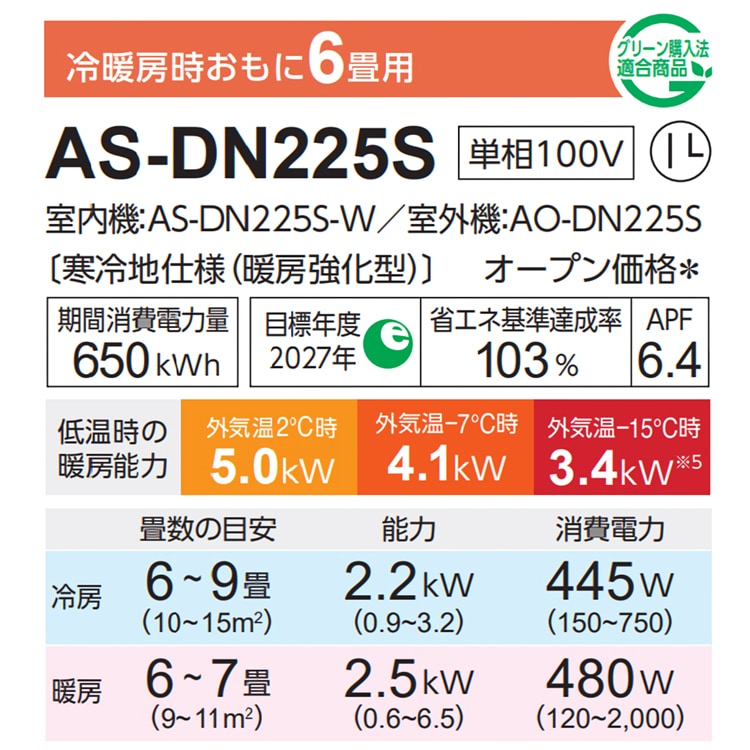 エアコン 主に6畳用 富士通ゼネラル ゴク暖ノクリア DNシリーズ