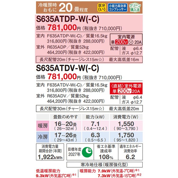 エアコン おもに20畳 ダイキン スゴ暖 極暖・寒冷地仕様 DXシリーズ 