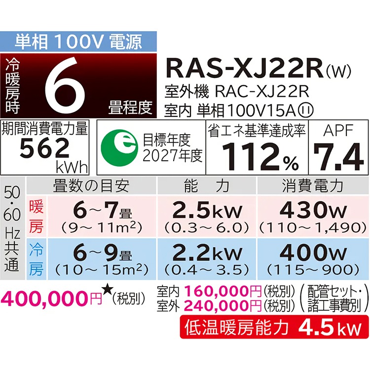 東京 神奈川地域限定 標準取付工事費込 エアコン同配 おもに6畳 日立