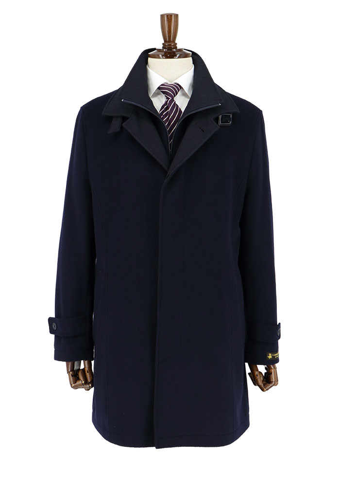 35y076 11 コート メンズ ダブルスタンドカラー コート カシミヤ混 紺 秋冬物 スリム Y体 A体 細身 秋冬物 コート スリムコート スリムスーツ ビジネススーツ 激安のスーツデポ本店