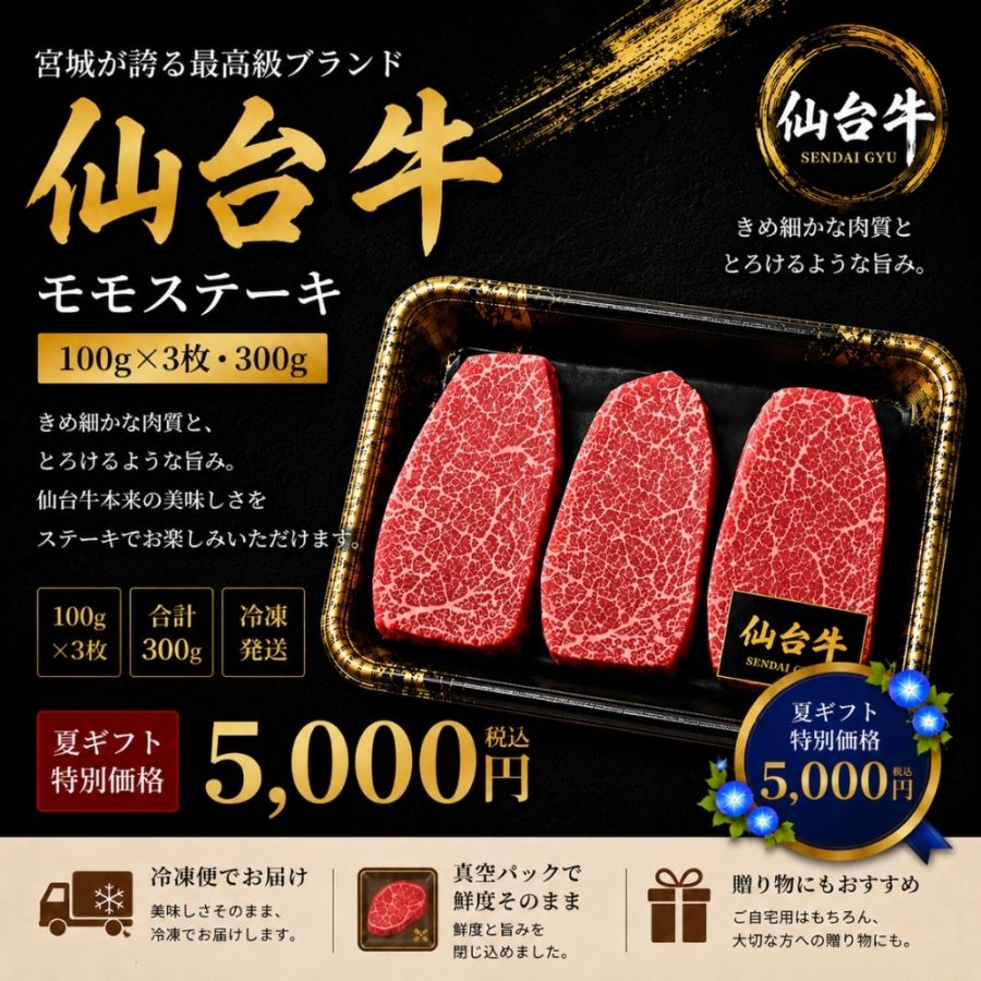 【夏ギフト特別価格】仙台牛 モモステーキ 100g×3枚（300g）