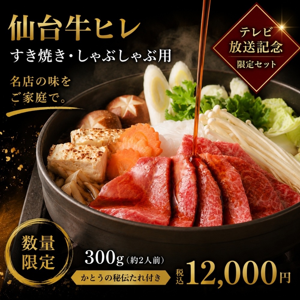 【テレビ放送記念】仙台牛ヒレ　すき焼き・しゃぶしゃぶ用　300g｜かとう秘伝のすき焼きたれ付き