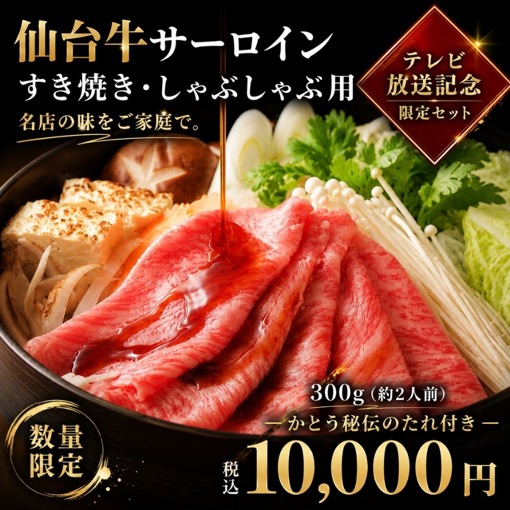 【テレビ放送記念】仙台牛サーロイン すき焼き・しゃぶしゃぶ用 300g｜かとう秘伝のすき焼きたれ付き