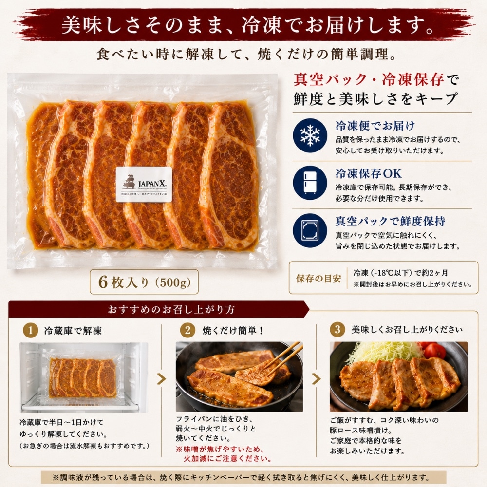 宮城蔵王産 JAPAN X 豚ロース 味噌漬け（6枚入り・500g）かとう特製味噌仕込み