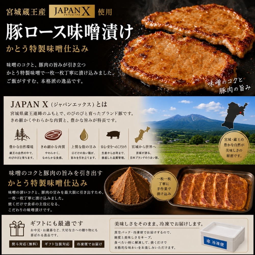 宮城蔵王産 JAPAN X 豚ロース 味噌漬け（6枚入り・500g）かとう特製味噌仕込み