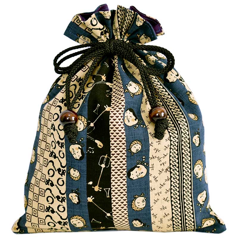 時代小紋　木玉付平巾着　青