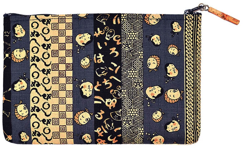 時代小紋　竹玉付角平ポーチ　青