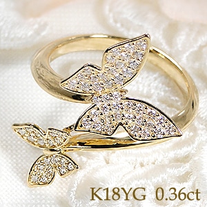 K18YG バタフライデザイン ダイヤモンド リング【0.36ct】