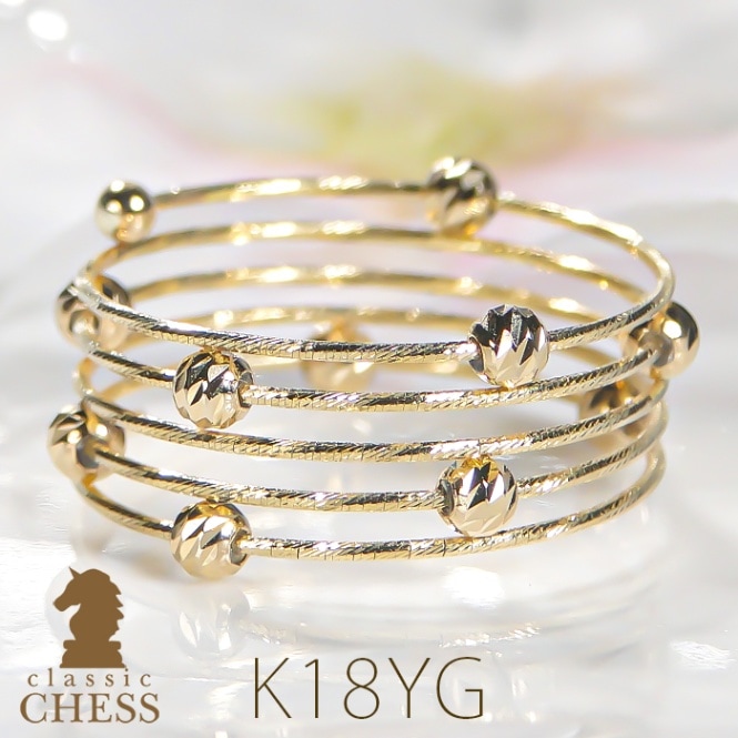 K18YG 5連 ワイヤー ミラーボールフリーリング