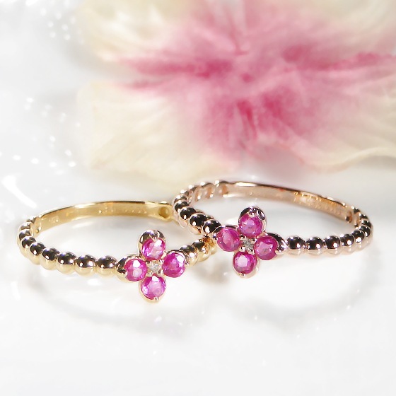 【K10/K18】 YG/PG ルビー クローバー リング