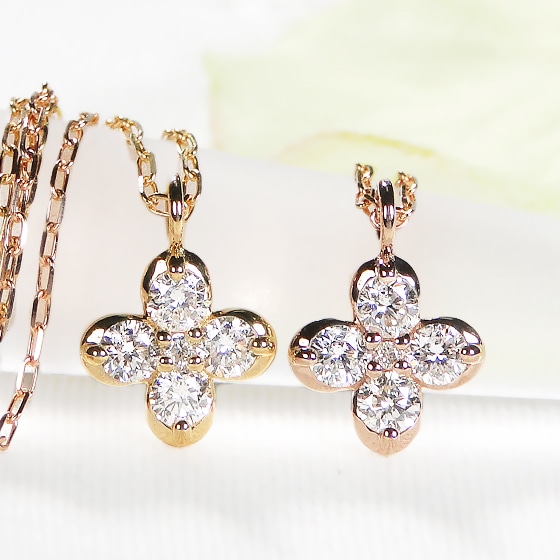 【K10/K18】 YG/PG【0.16ct】クローバー ネックレス ダイヤモンド