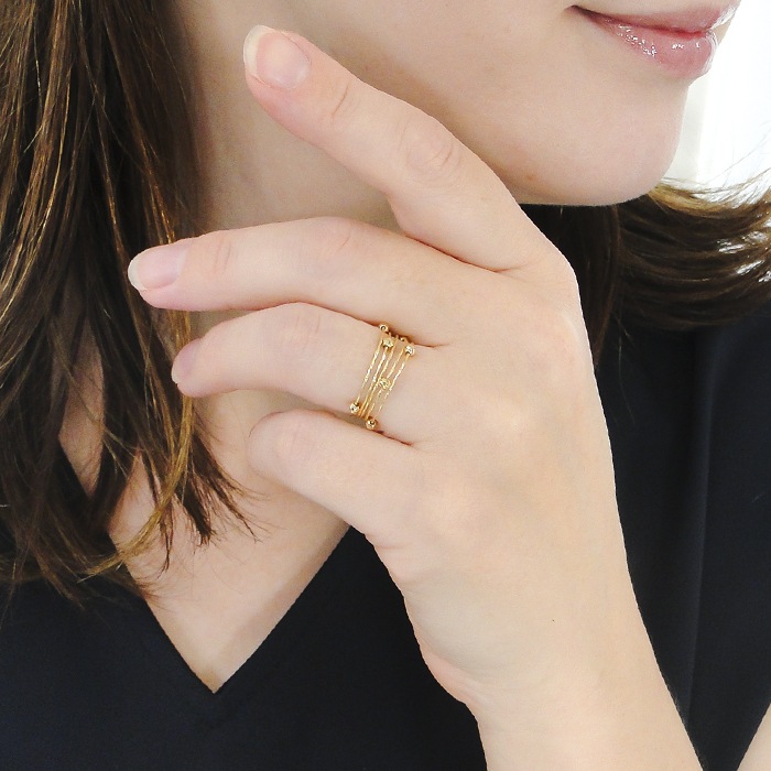 K18YG 5連 ワイヤー ミラーボールフリーリング