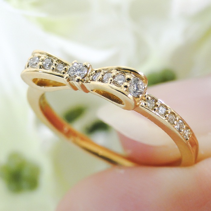 K18YG ダイヤモンド ハッピー リボン リング【0.2ct】