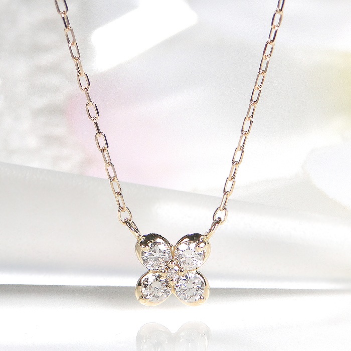 【K10/K18】 YG/PG【0.165ct】クローバーモチーフ ネックレス