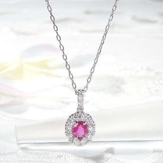 Pt950 ルビー オーバル ダイヤモンド ネックレス