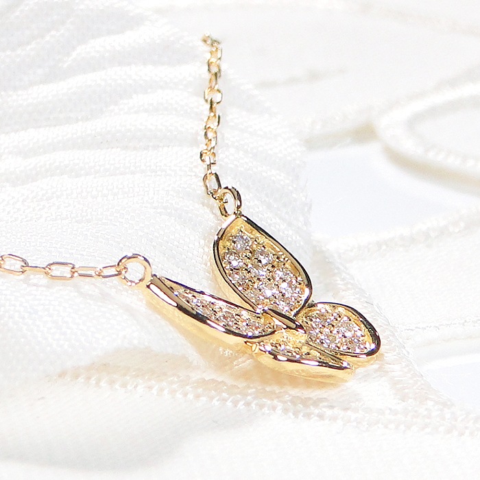 【Pt950/K18YG】【0.16ct】ダイヤモンド バタフライ ネックレス