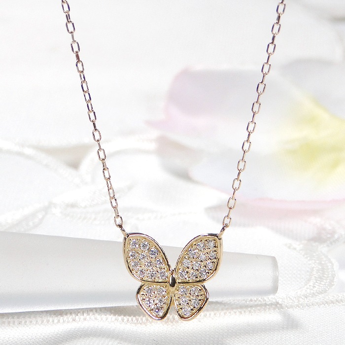 【Pt950/K18YG】【0.16ct】ダイヤモンド バタフライ ネックレス