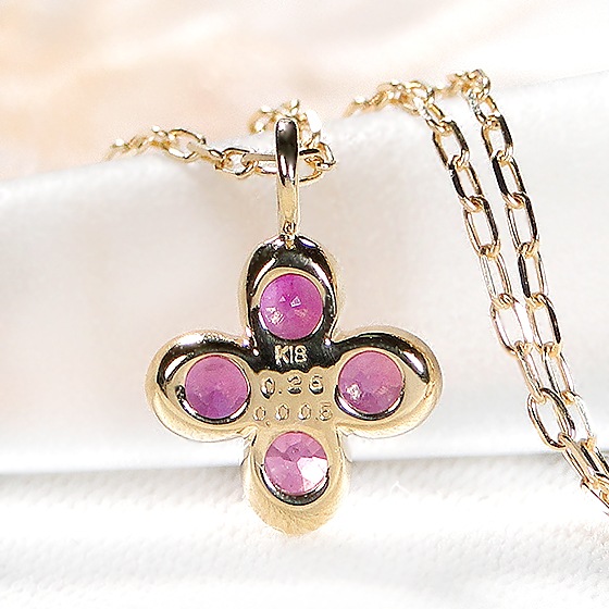 K10 18YG クローバー ネックレス　ルビー&ダイヤモンド