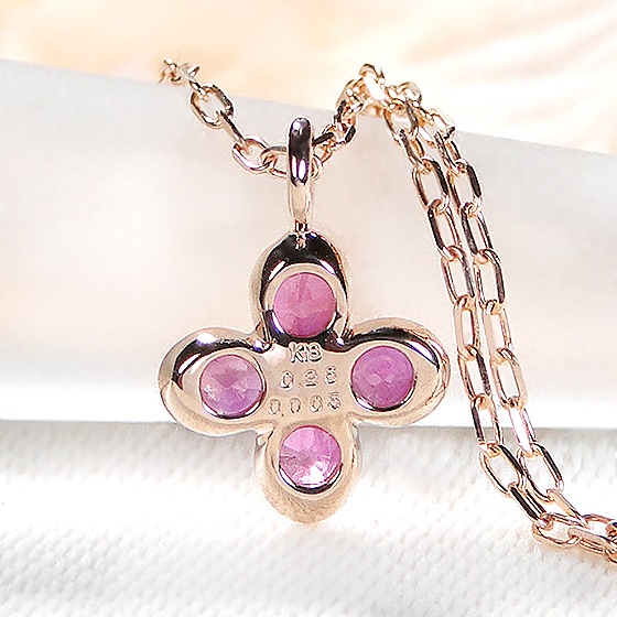 K10 18PG クローバー ネックレス　ルビー&ダイヤモンド