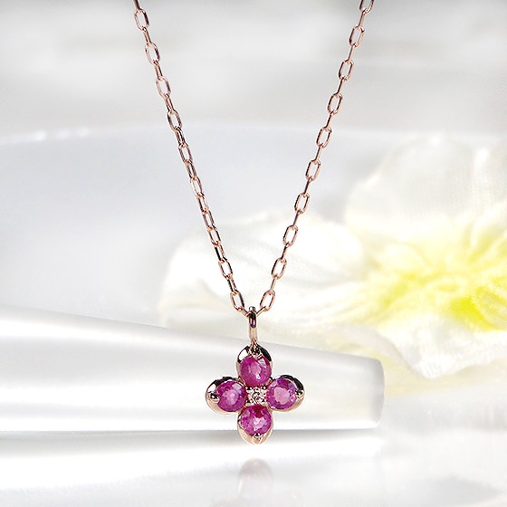 K10 18PG クローバー ネックレス　ルビー&ダイヤモンド