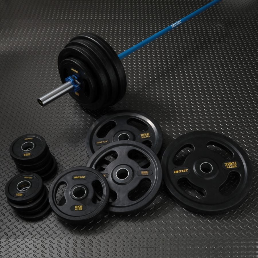 【待望の再販日決定！2月16日（月）17時頃から。即完売の可能性有】ブルーオリンピックラバーバーベル135KGセット(アルミカラー付き)/IROTEC（アイロテック）