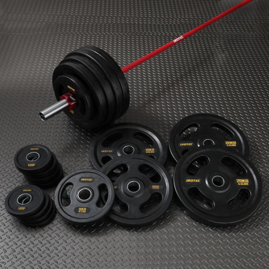 【待望の再販日決定！2月16日（月）17時頃から。即完売の可能性有】レッドオリンピックラバーバーベル175KGセット(アルミカラー付き)/IROTEC（アイロテック）