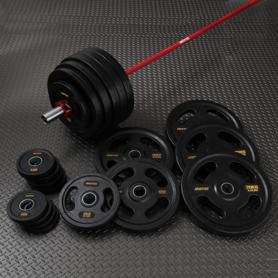 【待望の再販日決定！2月16日（月）17時頃から。即完売の可能性有】レッドオリンピックラバーバーベル215KGセット(アルミカラー付き)/IROTEC（アイロテック）