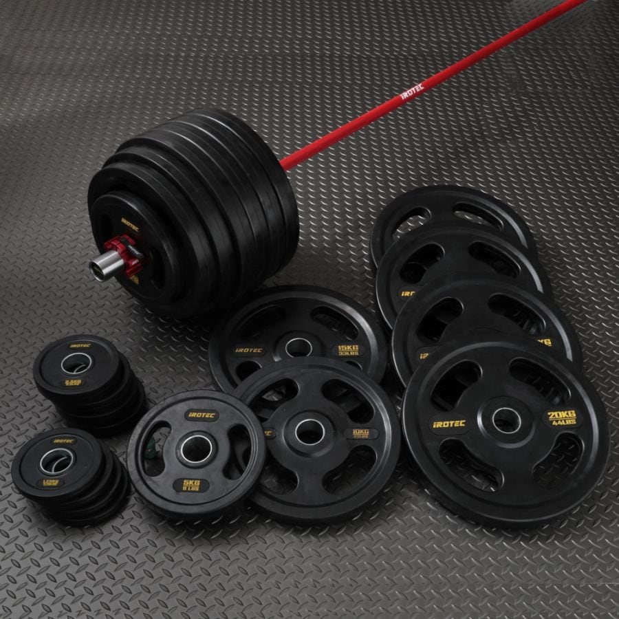 レッドオリンピックラバーバーベル255KGセット(アルミカラー付き)/IROTEC（アイロテック）