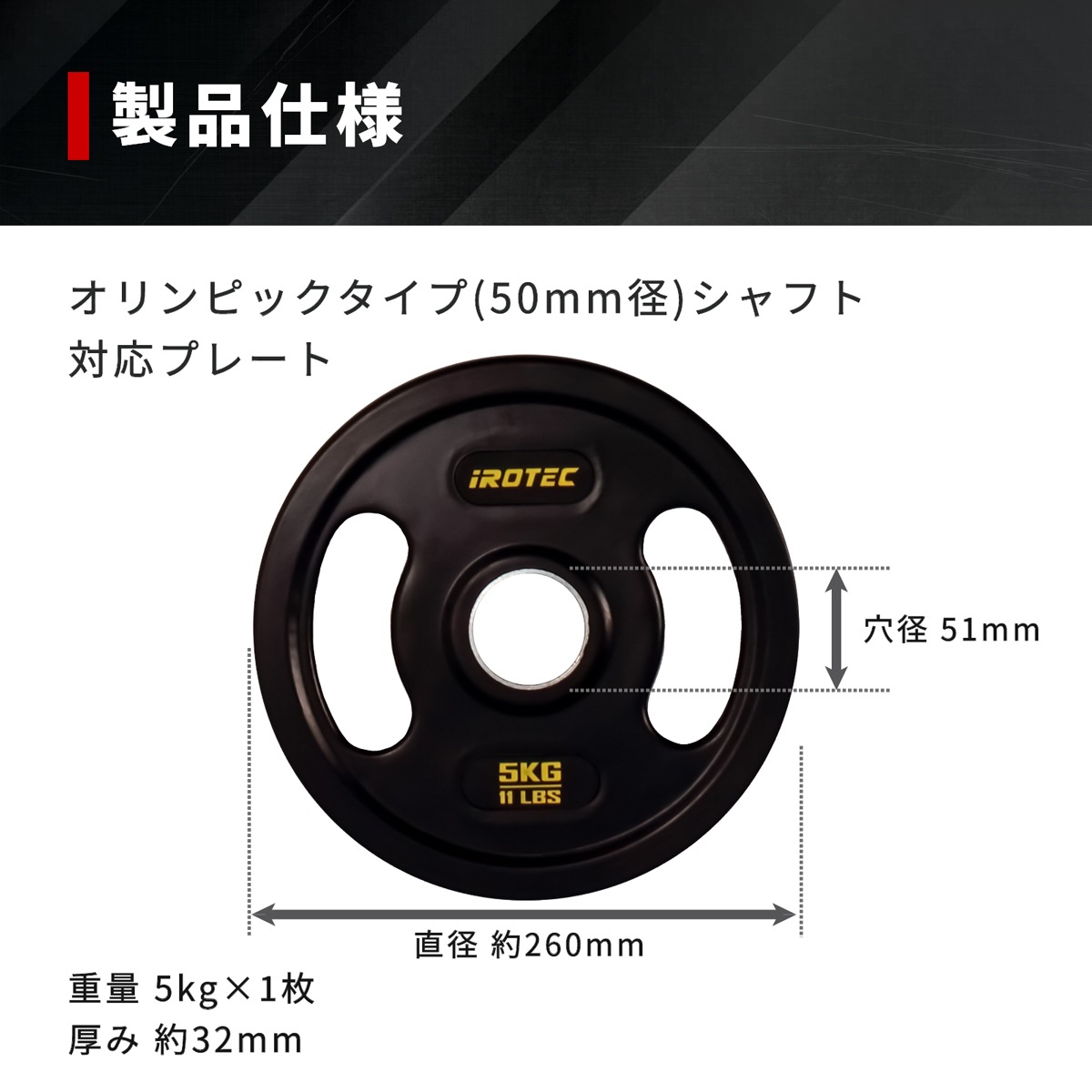 オールラバー仕様 オリンピック プレート5KG【1枚】【穴径51mm】 /IROTEC（アイロテック）-4
