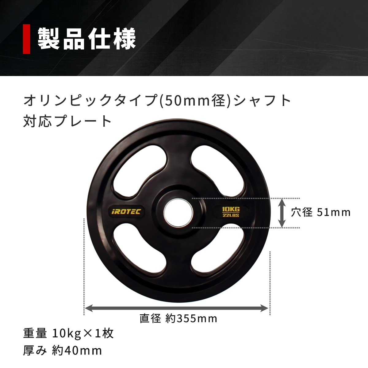 オールラバー仕様 オリンピック プレート10kg(1枚)【穴径51mm】 IROTEC