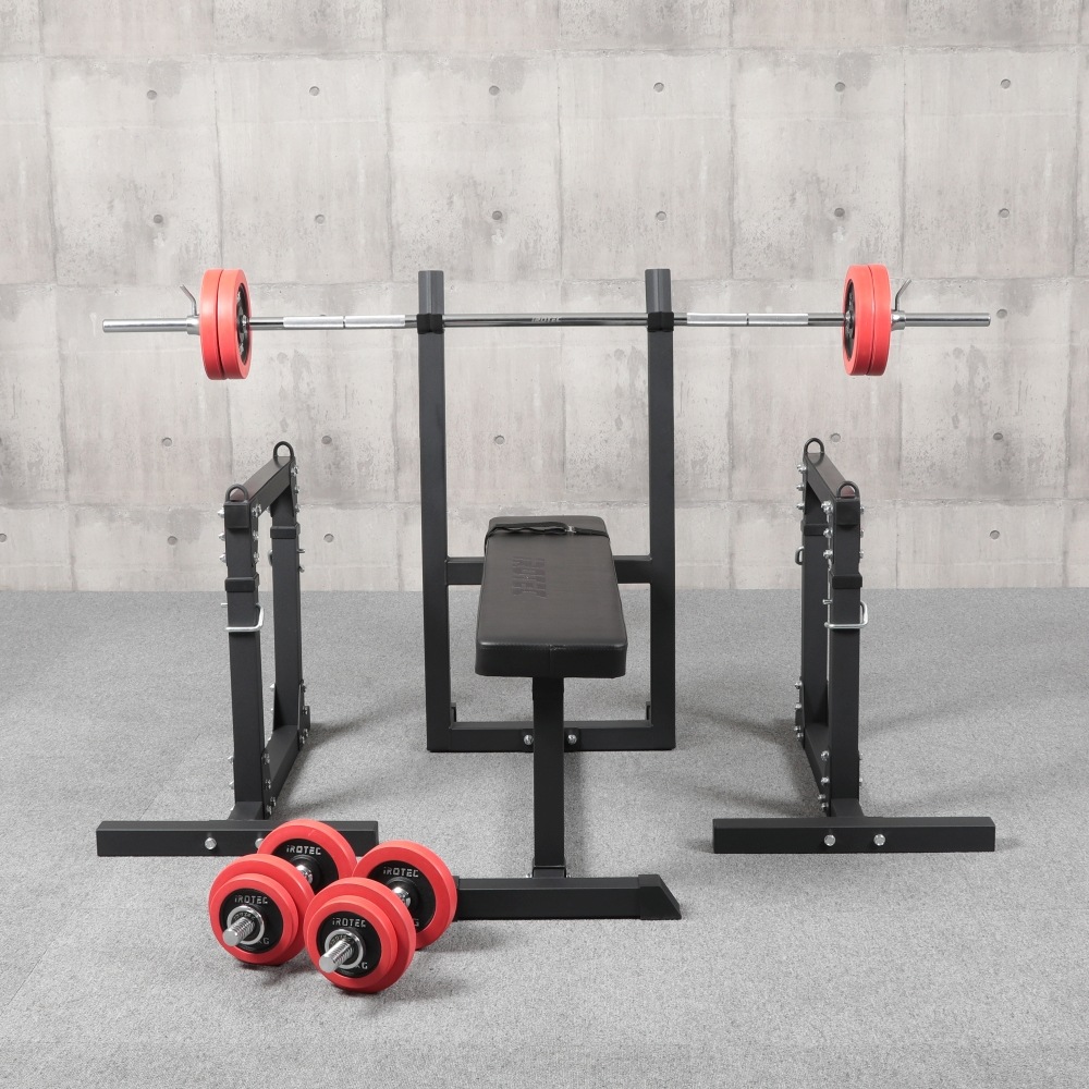 ①irotec ダンベルプレート　45kg（50のセット）必ず②も購入下さい ストレングスセットブラックR50 プレスベンチ + ラバーバーベル