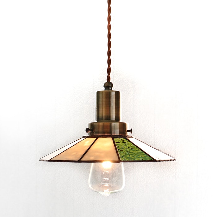 12面ステンドガラスシェードのペンダントランプ　アンティークランプ球60W付属　グリーン