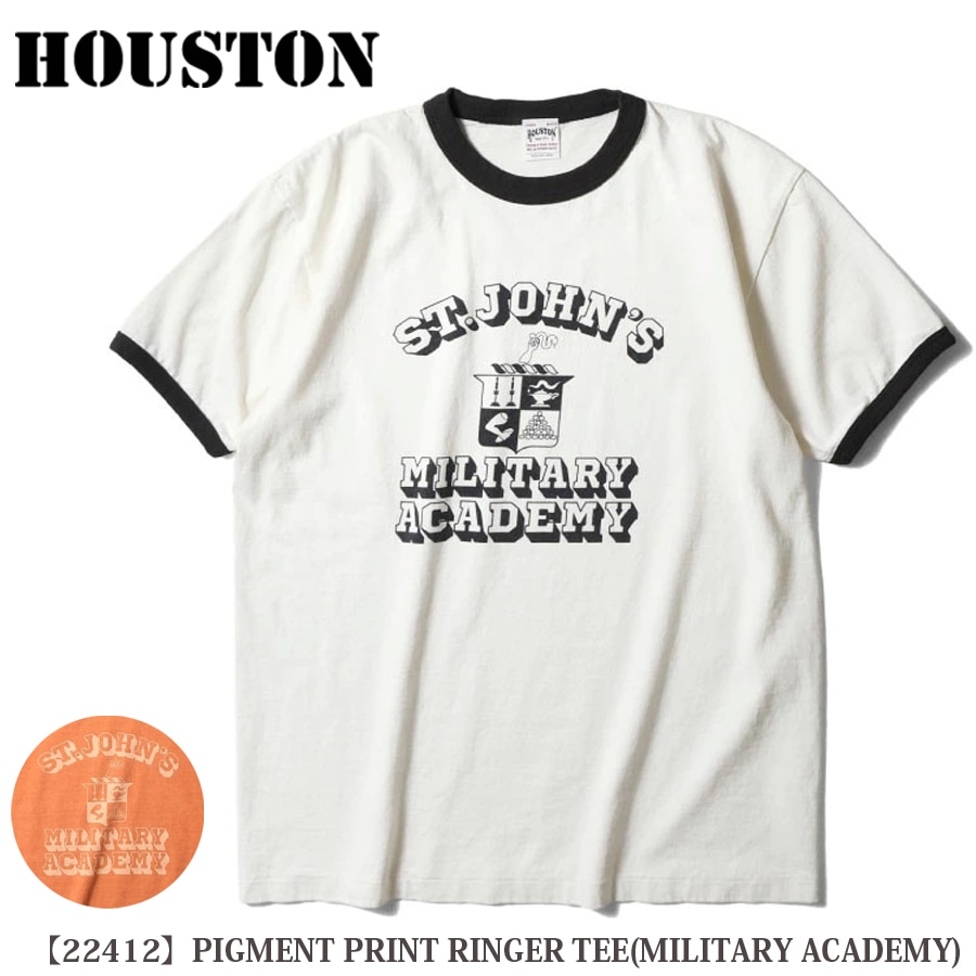 HOUSTON PIGMENT PRINT RINGER TEE (MILITARY ACADEMY) ピグメントプリント リンガー 半袖Tシャツ 22412【メール便】
