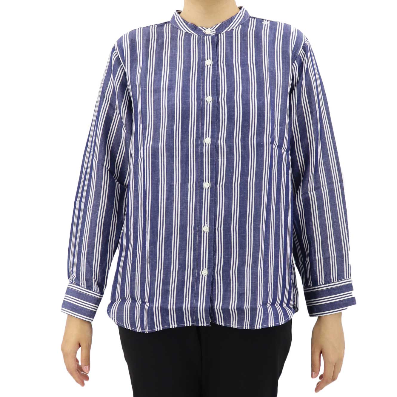 ANASOLULE ストライプノーカラーシャツ！ ミリタリー！日本製！L〜XL ANASOLULE ストライプノーカラーシャツ！ ミリタリー！日本製！L