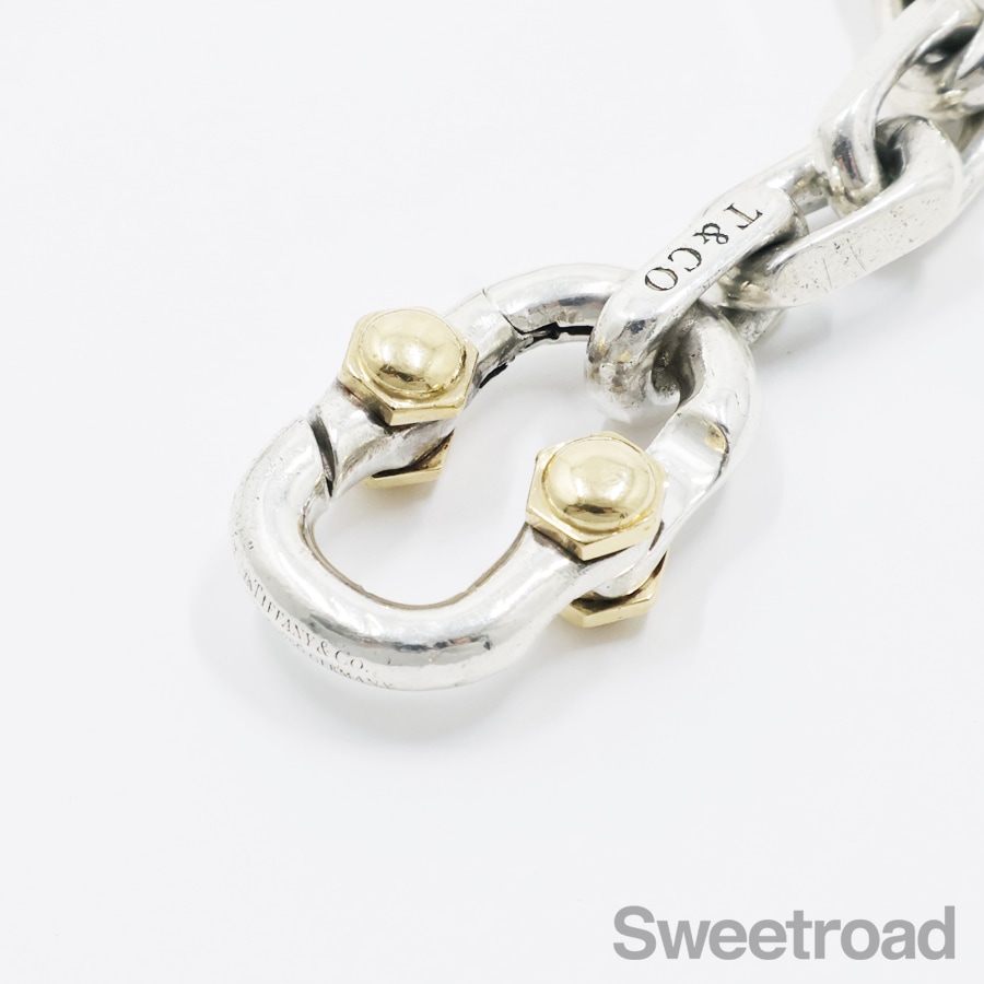 【美品】TIFFANY メイカーズワイドチェーンブレスレット　シルバー＆ゴールド ティファニー メイカーズ ワイドチェーン ブレスレット