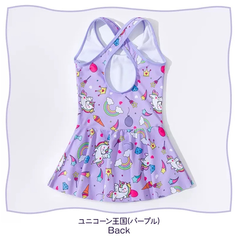 キッズ 水着 女の子 ワンピース ユニコーン 王国 紫 ピンク 綿 裏地 ショートパンツ 一体型 オールインワン リボン レインボー ジュエル 星 ハート ゆめかわ バッククロス ボクサータイプ 子供 スカート 可愛い おしゃれ 水泳 スイムウェア スイミング 幼稚園 保育園 小学校