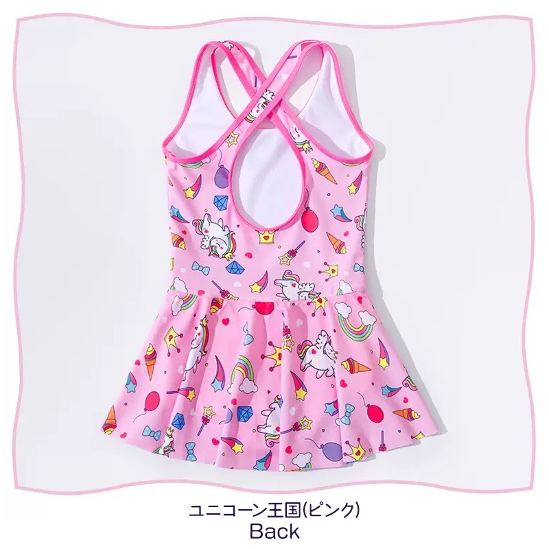 キッズ 水着 女の子 ワンピース ユニコーン 王国 紫 ピンク 綿 裏地 ショートパンツ 一体型 オールインワン リボン レインボー ジュエル 星 ハート ゆめかわ バッククロス ボクサータイプ 子供 スカート 可愛い おしゃれ 水泳 スイムウェア スイミング 幼稚園 保育園 小学校
