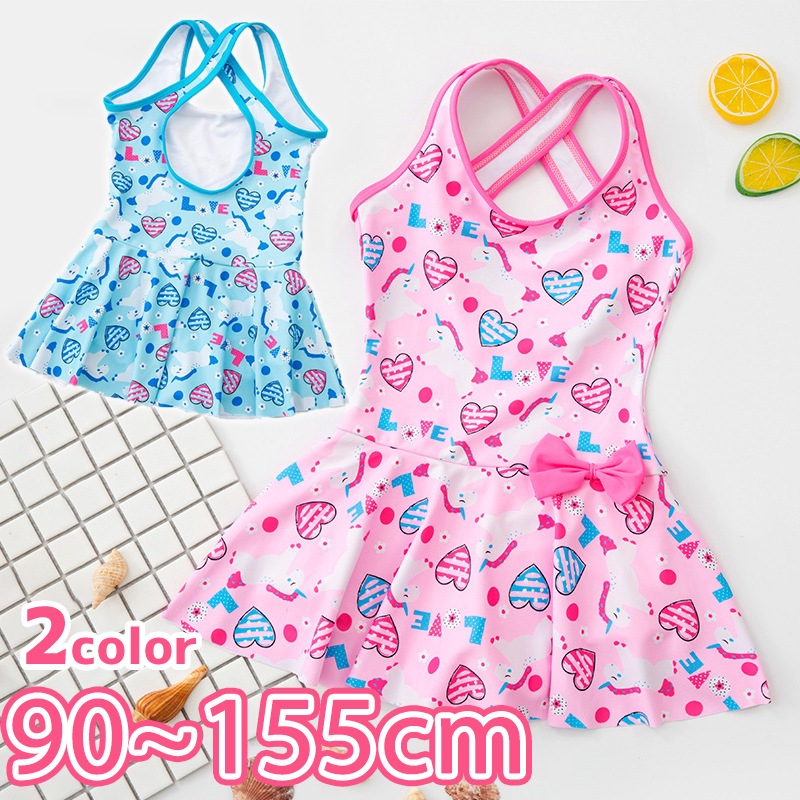 キッズ 水着 女の子 ワンピース ユニコーン リボン ハート ２色 ゆめかわ バッククロス ラウンドネック ボクサータイプ 子供 水着 キッズ スカート かわいい おしゃれ 水泳 スイムウェア スイミング 幼稚園 保育園 小学校 プール 水遊び 海 Uv対策 日焼け防止 こども ガール