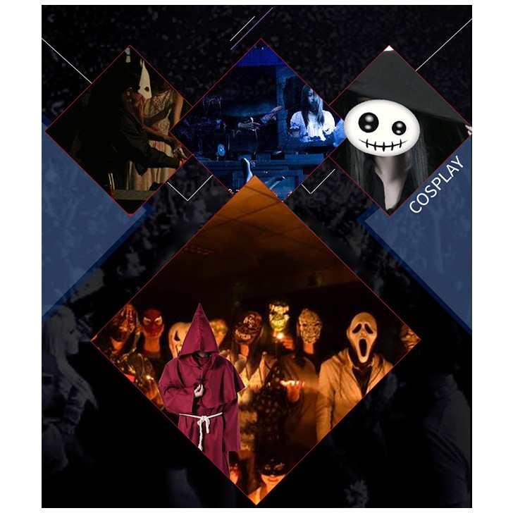 ハロウィン コスプレ 子供 中世 ローブ 魔術師 牧師 3点セット 黒 白 十字架 マント クロスネックレス 僧侶 教団 衣装