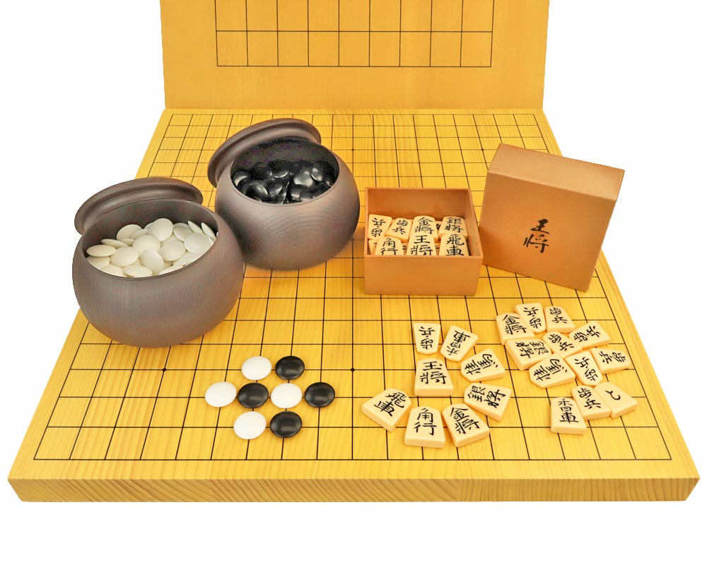 囲碁将棋両用卓上盤新かや1寸セット(プラ碁石・ブロー碁笥・プラ将棋駒