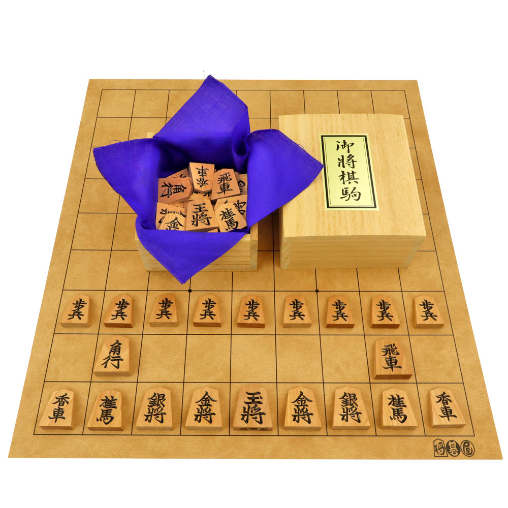 革柄の将碁屋マット将棋盤セット(木製将棋駒斧折上彫駒) ※少しおしゃれ