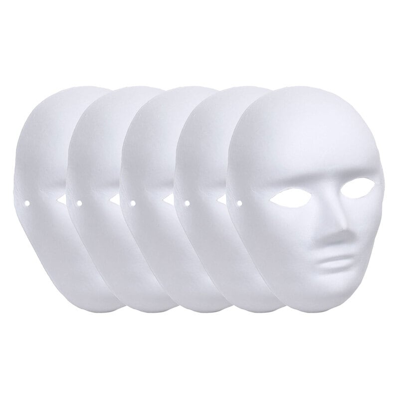 お面 仮面 マスク コスプレ 男面 女面 無地 白 おめん ペイント 飾り お祭り 紙パルプ製 5枚セット